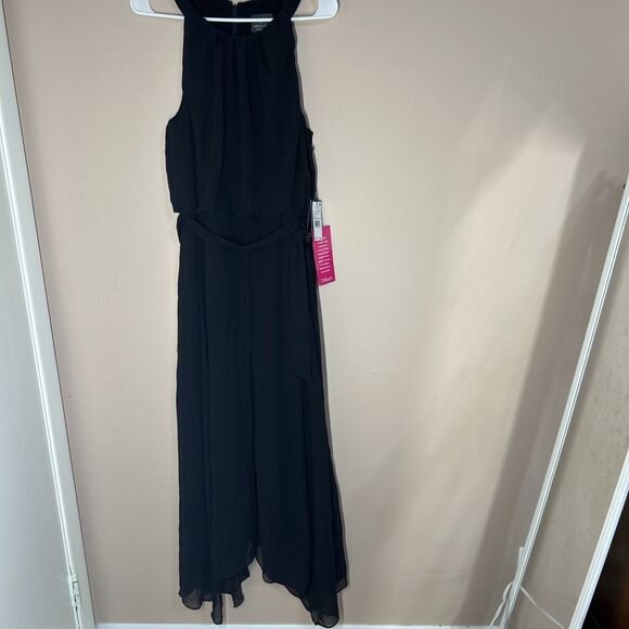 NWT ADRIANNA PAPELL Jersey Chiffon-Overlay Jumpsuit Black Sz 12 $179 On Tag - Picture 3 of 10